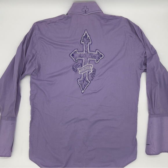 Angelino Men’s Dress Shirt 18 Lavender Cross Embroidery Button Front Cotton - Picture 2 of 15